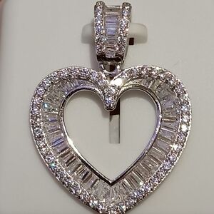 925 SILVER CZ Iced Out Heart Shaped Charm Pendant Baguette/Round Diamond Simulan